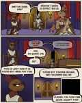 60percentscalie anthro bat brown_body brown_fur clothed clothing dialogue digital_media_(artwork) door english_text female fire fur group hi_res humanoid looking_down male mammal speech_bubble standing text topless topless_male trio wall_(structure) weapon white_body white_fur