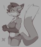  2022 anthro bodily_fluids bottomwear breasts canid canine chest_tuft clothing exclamation_point female fox grey_background honey_(mewmus) leg_markings mammal markings medium_breasts mewmus nipple_outline open_mouth shorts side_view simple_background socks_(marking) solo surprise sweat topwear tuft 