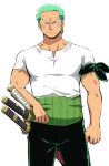  1boy absurdres bara blush earrings green_hair highres jewelry looking_at_viewer male_focus muscular muscular_male one_piece pants pectorals pouting roronoa_zoro scar scar_across_eye shirt short_hair single_earring solo standing udon_oneday 