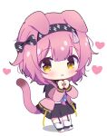  1girl absurdres animal_ears arknights bangs black_hairband black_skirt blue_bow blush bow braid cat_ears cat_girl cat_tail chibi commentary_request full_body garter_straps goldenglow_(arknights) hair_between_eyes hair_bow hair_over_shoulder hairband hands_up heart highres jacket lightning_bolt_print long_hair long_sleeves open_clothes open_jacket own_hands_together parted_lips pink_hair pink_jacket pleated_skirt print_hairband puffy_long_sleeves puffy_sleeves rebaa shadow shirt shoes simple_background single_braid skirt solo tail thighhighs white_background white_footwear white_shirt white_thighhighs yellow_eyes 