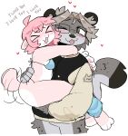 &gt;_&lt; :3 anthro anthro_on_anthro blush bottomless bra carrying_another catgenderzz chin_piercing clothed clothing domestic_cat duo ear_piercing english_text eyes_closed eyewear felid feline felis female fur glasses grey_hair hair hi_res hug i_love_you jacket male male/female mammal nonbinary_(lore) owo pantherine piercing pink_body pink_fur pink_hair romantic romantic_couple simple_background snow_leopard starburst_(catgenderzz) tail tail_motion tailwag text tongue tongue_out topwear underwear white_background yarn_(snowwhisk)