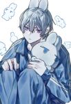  1boy animal_ears blue_hair blue_jacket blue_pants closed_mouth hair_between_eyes highres holding holding_toy jacket looking_at_viewer male_focus nose original pants purple_eyes rabbit_ears short_hair solo sportswear taiyakitarou toy 