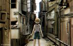  1boy alley blonde_hair bottle broken_bottle broken_glass carrotsprout chainsaw_man chromatic_aberration denji_(chainsaw_man) glass highres holding holding_bottle looking_at_viewer male_child no_mouth short_hair shorts solo spiked_hair tank_top twitter_username white_tank_top 