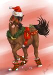  2019 ambiguous_gender banana brown_body brown_hair brown_mane brown_tail candy candy_cane christmas christmas_clothing christmas_headwear clothing cross-eyed dessert digital_media_(artwork) dolero equid equine feral food fruit gingerbread_man hair halter harness hat headgear headwear hi_res holidays horse mammal mane plant raised_leg raised_tail rufciu santa_hat simple_background solo sugar sugar_cube tongue 