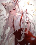  1girl absurdres bow burnt_clothes cigarette closed_mouth collared_shirt fujiwara_no_mokou hair_bow hand_in_pocket highres holding holding_cigarette kani_nyan long_hair pants red_eyes red_pants shirt short_sleeves smoke solo suspenders touhou white_bow white_hair white_shirt 