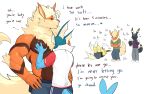 2025 absurd_res anthro arcanine blue_body clothing dialogue eeveelution english_text flareon fur generation_1_pokemon generation_2_pokemon group hair head_on_chest hi_res jolteon laugh looking_at_another male male/male muscular muscular_anthro muscular_male nintendo officer orange_body orange_fur pokemon pokemon_(species) running simple_background tail text umbreon uniform vaporeon white_background yolko_shark