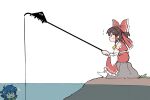  ... 2girls :d black_eyes blue_hair blush_stickers boulder bow brown_hair commentary_request detached_sleeves fins fishing fishing_rod fossilized_wonders frilled_skirt frills from_side gohei hair_bow hair_tubes hakurei_reimu head_fins highres holding holding_fishing_rod kurachi_mizuki long_skirt long_sleeves medium_hair multiple_girls profile red_bow red_skirt red_vest ribbon-trimmed_sleeves ribbon_trim sitting skirt smile socks touhou vest wakasagihime water white_background white_sleeves white_socks |_| 