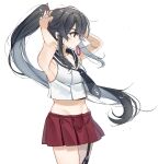  asymmetrical_legwear black_hair garter_straps holding holding_own_hair kantai_collection kaomoji_(sagor00237) long_hair no_dickey ponytail red_eyes red_skirt sailor_collar school_uniform scrunchie serafuku sidelocks single_garter_strap single_thighhigh skirt thighhighs tying uneven_legwear very_long_hair yahagi_(kancolle) 