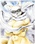 2025 absurd_res anthro arms_crossed_under_breasts big_breasts breast_squish breasts brown_eyes claws convenient_censorship crossed_arms facial_markings fangs female finger_claws fur gulonine head_markings head_tilt hi_res huge_breasts inner_ear_fluff looking_at_viewer mammal markings marten mask_(marking) mostly_nude multicolored_body multicolored_fur mustelid musteline navel nude pltnm06ghost sable_(marten) sayo_(foxlex) scarf scarf_only signature simple_background solo squish tail teeth tuft two_tone_body two_tone_fur white_body white_fur yellow_body yellow_fur