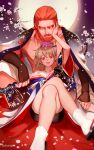  1boy 1girl alternate_costume beard black_gloves blue_eyes brown_hair cherry_blossoms crossed_legs facial_hair fingerless_gloves flower full_moon genderswap genderswap_(ftm) genderswap_(mtf) gintama gloves hair_flower hair_ornament japanese_clothes kagura_(gintama) kaguraton kimono long_hair maosen moon okita_sougo okita_souko orange_hair petals ponytail red_eyes red_hair sandals scar scar_across_eye scar_on_face sitting smile tabi 