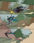 60percentscalie anthro bat blood blue_wings bodily_fluids clothed clothing digital_media_(artwork) falling forest hi_res humanoid male mammal plant rolling solo speed_lines topless tree vauruk wings