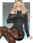  1girl abs blonde_hair breasts earrings fairy_knight_gawain_(fate) fate/grand_order fate_(series) green_eyes hairband heterochromia highres huge_breasts impossible_clothes jewelry koucha_indian long_hair muscular muscular_female pantyhose red_eyes sitting solo sweater turtleneck turtleneck_sweater 