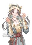  1girl absurdres animal_ears_helmet animal_helmet artist_name black_hair breasts brown_eyes chinese_clothes chinese_text closed_mouth collarbone colored_inner_hair duijin_ruqun earrings english_text fish green_hair hanfu hat highres jewelry long_hair long_sleeves looking_at_viewer multicolored_hair necklace original parted_bangs simple_background smile solo upper_body watermark white_background xihuan_cexuetang 
