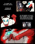 60percentscalie anthro asphyxiation bat blood blue_eyes bodily_fluids choking clothed clothing demon dovak duo english_text gloves handwear hi_res humanoid male mammal scared simple_background sweat sweatdrop text topless vauruk wounded