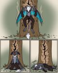 60percentscalie anthro bat blood blood_on_face blue_wings bodily_fluids clothing fur gloves grey_body grey_fur hair handwear hi_res humanoid male mammal onomatopoeia plant slipping smoke solo sound_effects text tree vauruk white_hair wings wood