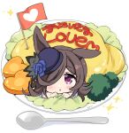  1girl animal_ears bangs blue_flower blue_headwear blue_rose blush brown_hair commentary_request flower food hair_over_one_eye hat hat_flower highres hizuki_yayoi horse_ears in_food long_hair looking_at_viewer mini_flag minigirl okosama_lunch omelet omurice parted_lips plate puffy_short_sleeves puffy_sleeves purple_eyes rice_shower_(umamusume) rose school_uniform short_sleeves simple_background solo sparkle spoon tilted_headwear tracen_school_uniform translated umamusume white_background 
