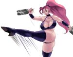  1girl 78_(tky8) ass attack bangs bare_shoulders bikini blue_eyes boots breasts captain_commando carol_(captain_commando) cleavage fork hairband high_heels holding holding_fork holding_weapon kicking large_breasts leg_up long_hair muscular muscular_female pink_hair ponytail simple_background standing standing_on_one_leg sweat swimsuit thigh_boots weapon white_background 