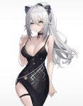  1girl absurdres animal_ears arknights bangs bare_arms bare_shoulders black_choker black_dress breasts cat_ears choker cleavage commentary_request cowboy_shot dress grey_background grey_hair hair_between_eyes highres large_breasts long_hair looking_at_viewer schwarz_(arknights) sleeveless sleeveless_dress solo spaghetti_strap standing thigh_strap very_long_hair yellow_eyes yuanqi_(chriu) 