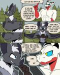 60percentscalie abs angry anthro bat clothed clothing demon dovak duo english_text fur gloves grey_body grey_fur grey_wings hair handwear hi_res humanoid male mammal standing text topless topless_male vauruk white_hair wings