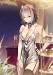  1girl absurdres ahoge antenna_hair antennae arknights bare_shoulders breasts cleavage cocktail_glass cup demon_girl demon_horns dress drinking_glass evening_gown garter_straps grey_dress grey_hair hand_on_hip highres horns jewelry jiusan_naitan low_neckline necklace red_nails short_hair side_slit sleeveless sleeveless_dress w_(arknights) 