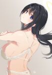  1girl black_hair blue_eyes bra breasts commentary_request from_behind gradient gradient_background grey_background halo highres large_breasts long_hair looking_at_viewer looking_back panties ryouki_(senran_kagura) senran_kagura sideboob sketch solo underwear underwear_only upper_body white_bra white_panties yaegashi_nan 