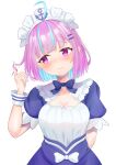  1girl absurdres ahoge anchor_hat_ornament anchor_symbol blue_bow blue_bowtie blue_dress blue_ribbon blush bob_cut bow bowtie breasts colored_inner_hair dress hair_ribbon hands_in_own_hair hat_ornament highres hololive looking_down looking_to_the_side maid_headdress minato_aqua minato_aqua_(1st_costume) multicolored_hair pink_eyes ribbon short_hair short_sleeves solo striped_clothes striped_wrist_cuffs taro._(tataroro_1) two-tone_hair virtual_youtuber white_background white_headdress wrist_cuffs 