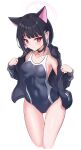  1girl animal_ears ass_visible_through_thighs bangs bare_shoulders black_choker black_hair black_jacket black_one-piece_swimsuit blue_archive blush breasts cat_ears choker closed_mouth collarbone commentary_request competition_swimsuit covered_navel cropped_legs halo highres jacket kazusa_(blue_archive) long_sleeves looking_at_viewer multicolored_hair off_shoulder one-piece_swimsuit open_clothes open_jacket pink_hair puffy_long_sleeves puffy_sleeves purple_eyes rumiya9i simple_background sleeves_past_wrists small_breasts solo sweat swimsuit swimsuit_under_clothes thigh_gap two-tone_hair white_background 