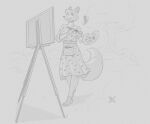  2022 antennae_(anatomy) anthro barefoot breasts brush canid canine clothing digital_media_(artwork) drawing dress duo fairy feet female fox hi_res holding_brush holding_object holding_paintbrush mammal mewmus mewmuse micro monochrome mrs._fox outside paintbrush painting_(object) plant rose_pantilion size_difference smile standing tree 