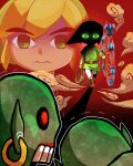  1boy 2others bald belt boots brown_boots dust earrings expressionless gameplay_mechanics glowing glowing_eyes gradient_background grappling_hook green_eyes green_hat green_tunic hat holding hoop_earrings jewelry kamiura link multiple_others no_lips open_mouth pants red_background red_eyes redead scared shadow spinning spinning_weapon teeth the_legend_of_zelda the_legend_of_zelda:_the_wind_waker toon_link trembling tunic walking white_pants zombie 