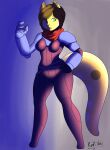  absurd_res anthro armor big_tail breasts carret female green_eyes hi_res isheria kritshii robotic_arm scarf solo undersuit wide_hips 
