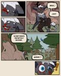 60percentscalie anthro avian bat bird black_eye_(injury) blood blue_eyes bodily_fluids bruised english_text forest fur grey_body grey_fur hair hi_res humanoid hurt_expression male mammal plant sitting solo surprised_expression text tree vauruk waking_up white_hair wounded
