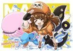 1girl absurdres anchor bike_shorts boots cabbie_hat dolphin fingerless_gloves gloves guilty_gear guilty_gear_strive hat hat_ornament highres hood hoodie jacket may_(guilty_gear) orange_boots orange_hat orange_hoodie orange_jacket pirate_hat skull_and_crossbones skull_hat_ornament sleepyowl_(jobkung15) whale 