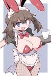  1girl absurdres animal_ears apron blue_background blue_eyes border bow bowtie breasts brown_hair commentary_request cup detached_collar drinking_glass fake_animal_ears fishnet_pantyhose fishnets glass highres holding holding_plate kurachi_mizuki large_breasts leotard looking_at_viewer maid maid_apron maid_headdress may_(pokemon) medium_hair open_mouth outside_border pantyhose plate playboy_bunny pokemon pokemon_rse rabbit_ears red_bow red_bowtie red_leotard simple_background smile solo standing white_apron white_border 