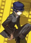  1girl androgynous black_jacket black_pants black_shoes blue_eyes blue_hair blue_hat cabbie_hat crossdressing feet_out_of_frame film_reel full_body gakuran glasses hat highres houndstooth jacket knee_up leg_up long_sleeves meameeea pale_skin pants persona persona_4 prsnmea reverse_trap school_uniform shirogane_naoto shoes short_hair solo yasogami_school_uniform yellow_background 