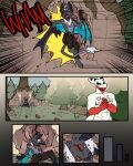 60percentscalie against_natural_surface against_rock against_surface anthro bat blood bodily_fluids demon dovak duo falling flashback hi_res humanoid male mammal onomatopoeia smoke sound_effects text unconscious vauruk wounded