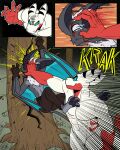 60percentscalie abs angry anthro bat beatdown blood blood_on_face bodily_fluids clothed clothing demon dovak duo english_text fight fist forest fur gloves grey_body grey_fur grey_wings hair handwear hi_res holding_body humanoid male mammal onomatopoeia open_mouth plant punch scalie sound_effects standing sweat sweatdrop text topless topless_male tree vauruk white_hair wings wounded
