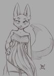 2022 anthro breasts canid canine clothing diane_foxington dreamworks dress female fox grey_background hand_on_hip looking_at_viewer mammal medium_breasts mewmus simple_background smile solo the_bad_guys 