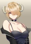  1girl absurdres artist_name breasts brown_hair cleavage demon_horns heaven_burns_red highres horns kayamori_ruka looking_at_viewer medium_breasts negino_yurine one_eye_covered sheep_horns short_hair signature 