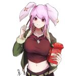  1girl absurdres alternate_costume animal_ears bandaid breasts closed_mouth dog_tags ear_piercing eating food fur_trim green_jacket highres holding holding_food holding_pocky jacket jewelry large_breasts looking_at_viewer midriff navel pendant piercing pink_hair pocky rabbit_ears red_eyes reisen_udongein_inaba simple_background solo tank_top touhou upper_body white_background yagoro_kusuriya zipper 