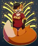  2022 anthro black_clothing black_hair black_underwear breasts canid canine chest_tuft clothing digital_media_(artwork) female fireworks fox hair hi_res honey_(mewmus) looking_at_viewer mammal mewmus open_mouth purple_eyes red_clothing red_shirt red_topwear shirt smile solo topwear tuft underwear 