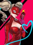  1girl absurdres arm_behind_back between_fingers blonde_hair blue_eyes bodysuit breasts card cat_mask cleavage closed_mouth ear_piercing english_commentary gloves heart highres holding holding_card lips long_hair mask medium_breasts persona persona_5 piercing pink_gloves red_bodysuit solo takamaki_anne twintails wanderstillart zipper 