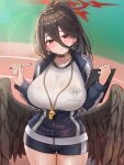 1girl absurdres black_choker black_hair black_wings blue_archive blush breasts choker closed_mouth gym_uniform hair_between_eyes halo hasumi_(blue_archive) hasumi_(gym_uniform)_(blue_archive) highres holding holding_pen huge_breasts jacket kano_(wi3028) long_hair looking_at_viewer mole mole_under_eye official_alternate_costume pen ponytail red_eyes shirt shorts solo track_jacket whistle whistle_around_neck white_shirt wings 