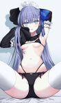  1girl absurdres alternate_costume arm_behind_head armpits arms_up bangs bare_shoulders bikini black_bikini black_panties black_sleeves blue_eyes blue_hairband blue_ribbon bow breasts commentary_request crotch detached_sleeves dot_nose enmaided fate/extra fate/extra_ccc fate/grand_order fate_(series) frilled_sleeves frills hair_between_eyes hair_ribbon hairband highleg highleg_panties highres kake_udon light_blush long_hair long_sleeves looking_at_viewer m_legs maid maid_headdress meltryllis_(fate) micro_bikini navel open_mouth panties purple_hair ribbon shadow simple_background sitting sleeves_past_fingers sleeves_past_wrists small_breasts solo spread_legs stomach straight-on swimsuit thighhighs thighs tongue underwear very_long_hair white_background white_thighhighs 