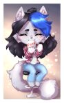 annetpeas anthro black_claws blue_hair bottomwear cheek_tuft claws clothed clothing container cup dawn_(ask_derpy_cat1) denim denim_bottomwear denim_clothing domestic_cat ear_tuft eyes_closed facial_tuft felid feline felis female flannel flannel_shirt fluffy fluffy_tail fur furniture grey_body grey_fur hair handpaw hi_res inner_ear_fluff jeans long_tail mammal mug nebelung pants paw_tuft paws shirt smile solo stool tail topwear tuft white_clothing white_shirt white_topwear