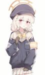  1girl absurdres aoba_(blue_archive) armband blonde_hair blue_archive blue_hat blue_jacket bow bowtie brown_gloves cabbie_hat cowboy_shot gloves halo hat highres jacket long_hair long_sleeves looking_at_viewer low_twintails miniskirt parted_lips peaked_cap pleated_skirt red_eyes simple_background skirt solo twintails usagi_(786113654) white_background white_skirt yellow_armband yellow_bow yellow_bowtie yellow_halo 