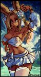  1girl animal_ears armband armlet armpits arms_up bare_shoulders black_border blush border bracelet breasts brown_hair cleavage cowboy_shot dark_skin detached_sleeves final_fantasy final_fantasy_xiv flower hair_flower hair_ornament highres jewelry large_breasts long_hair looking_at_viewer midriff miniskirt mogy64 navel puffy_sleeves rabbit_ears skirt smile solo strapless thighhighs upper_body viera warrior_of_light_(ff14) white_thighhighs zettai_ryouiki 