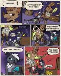 60percentscalie abs anthro bat belt bodily_fluids brown_eyes duo ear_pull english_text eyes_closed fur grey_body grey_fur hair hi_res humanoid male mammal onomatopoeia open_belt sound_effects standing surprised_expression sweat sweatdrop tears text vauruk white_hair wounded