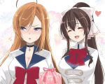  2girls :d ^_^ ahoge assault_lily asymmetrical_bangs averting_eyes black_choker blonde_hair blue_eyes blue_flower blush bow bowtie breasts brown_hair choker cleavage closed_eyes commentary embarrassed floral_background flower flying_sweatdrops gift gift_bag hair_between_eyes hair_bow hand_up heart herensuge_girls_academy_school_uniform high_ponytail holding holding_gift jacket kariya_higure large_breasts long_hair long_sleeves looking_to_the_side multicolored_hair multiple_girls nose_blush open_mouth orange_hair parted_lips pendant_choker pink_flower ponytail red_bow red_bowtie school_uniform serizawa_chikaru sidelocks sideways_glance smile streaked_hair sweatdrop two-tone_hair upper_body urutsu_sahari v-shaped_eyebrows v_arms very_long_hair white_background white_bow white_flower white_jacket yuri 