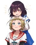  2girls :d ahoge aqua_eyes aqua_ribbon arms_at_sides bangs black_hair black_sleeves blue_sailor_collar blue_skirt blush dot_nose hands_on_another&#039;s_head homocacti jewelry kamihama_university_affiliated_school_uniform layered_sleeves light_brown_hair long_sleeves looking_at_another looking_down looking_up magia_record:_mahou_shoujo_madoka_magica_gaiden mahou_shoujo_madoka_magica medium_hair minaminagi_liberty_academy_school_uniform miniskirt multiple_girls natsu_ryouko neck_ribbon open_mouth orange_eyes playing_with_another&#039;s_hair pleated_skirt red_sailor_collar ribbon ring sailor_collar sailor_shirt school_uniform serafuku shirt short_bangs short_hair short_over_long_sleeves short_sleeves sidelocks simple_background skirt smile suzuka_sakuya sweat swept_bangs teeth upper_body upper_teeth wavy_mouth white_background white_shirt 