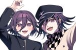  2boys :d arm_up bangs black_headwear black_jacket buttons checkered_clothes checkered_scarf commentary_request danganronpa_(series) danganronpa_v3:_killing_harmony dual_persona flipped_hair grey_background hair_between_eyes hat highres jacket long_sleeves male_focus multiple_boys open_mouth ouma_kokichi peaked_cap pink_eyes purple_hair scarf shiny shiny_hair simple_background smile teeth upper_teeth urami0310 white_jacket 